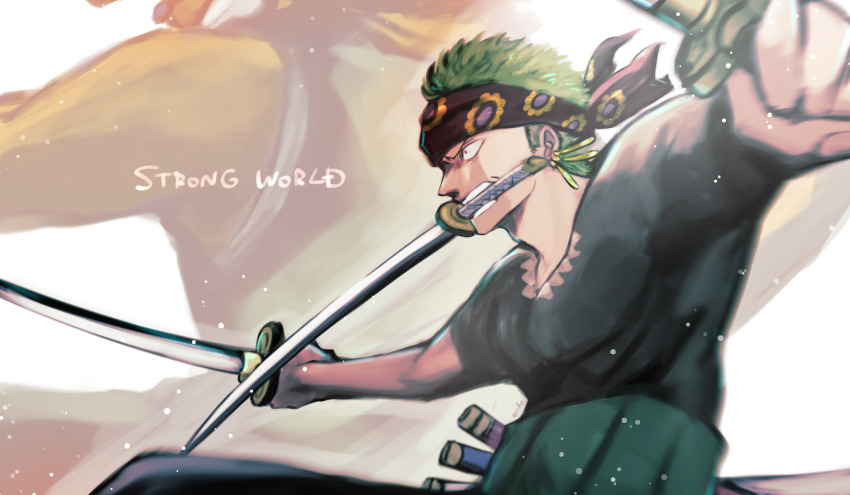 2boys black_shirt copyright_name earrings g49 green_hair haramaki headband highres holding holding_sword holding_weapon jewelry looking_ahead male_focus multiple_boys one_piece one_piece:_strong_world red_headband roronoa_zoro shirt short_hair sword t-shirt tony_tony_chopper upper_body weapon weapon_in_mouth white_background