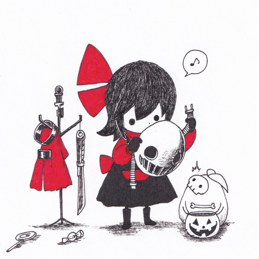 1girl ballpoint_pen_(medium) boots candy chibi coat_rack commentary_request dress food friday_the_13th full_body gloves greyscale hair_ribbon highres hino_(yatara) hockey_mask holding holding_mask humming jack-o&#039;-lantern lollipop looking_at_another machete mask moni_moni_skeleton_(yatara) monochrome musical_note no_mouth original pen_(medium) pinafore_dress red_ribbon red_shirt ribbon shirt short_hair simple_background skull_mask sleeveless sleeveless_dress solid_circle_eyes spoken_musical_note spot_color swirl_lollipop traditional_media unworn_capelet unworn_mask wrapped_candy yatara