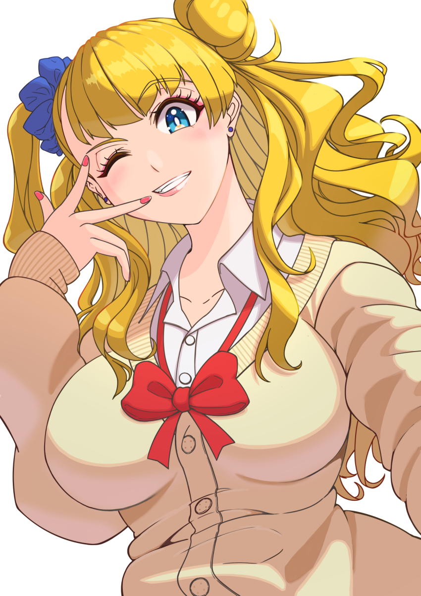 1girl asymmetrical_hair blonde_hair blue_eyes blue_scrunchie bow bowtie breasts cardigan clenched_teeth earrings galko grin gyaru hair_bun hair_ornament hair_scrunchie highres jewelry kogal large_breasts long_hair long_sleeves looking_at_viewer makkyi@hage nail_(hardware) one_eye_closed one_side_up oshiete!_galko-chan red_bow red_bowtie red_nails scrunchie shirt simple_background single_side_bun smile solo stud_earrings teeth upper_body w w_over_eye w_over_face white_background white_shirt yellow_cardigan