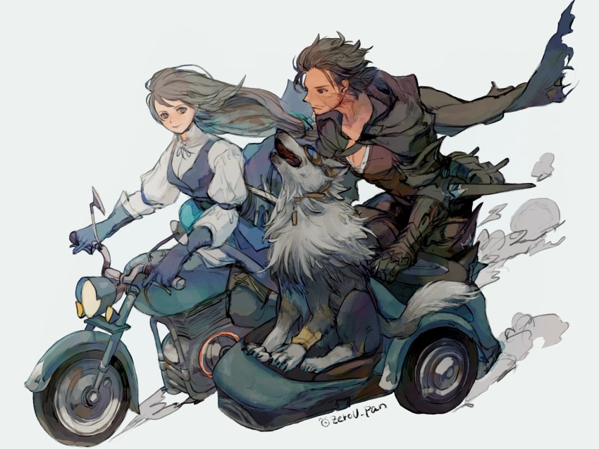 1boy 1girl animal armor armored_gloves black_armor black_cape black_hair blue_eyes cape clive_rosfield cloak couple eye_contact final_fantasy final_fantasy_xvi floating_cape floating_hair gloves grey_hair helmet highres hood hooded_cloak jill_warrick looking_at_another motor_vehicle motorcycle on_motorcycle puffy_sleeves simple_background torgal_(ff16) wind wind_lift wolf zerou_pan