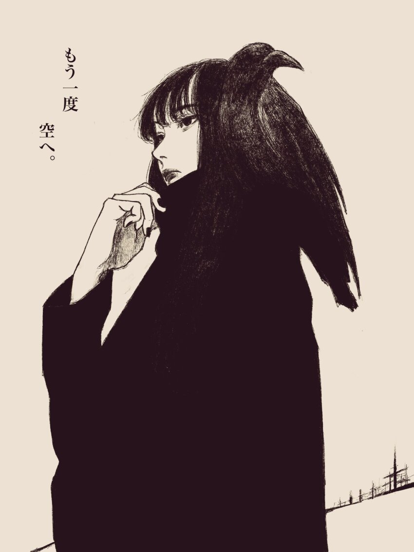 1girl animal animal_on_shoulder bird black_hair crow highres long_hair long_sleeves looking_to_the_side original solo tp_p_pt translation_request white_background