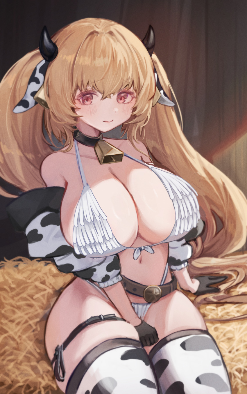 1girl absurdres animal_ears animal_print arm_at_side azur_lane bare_shoulders bell belt between_legs bikini black_choker black_gloves black_horns blonde_hair breasts brown_belt choker cleavage closed_mouth collarbone cow_ears cow_horns cow_print cow_print_thighhighs cowbell cowboy_shot crossed_bangs embarrassed front-tie_bikini_top front-tie_top gloves hair_bell hair_between_eyes hair_ornament half_gloves hand_between_legs hay highleg highleg_bikini highres horns huge_breasts jacket jacket_partially_removed kersaint_(azur_lane) light_blush long_hair looking_at_viewer navel neck_bell nuu_wah print_jacket print_thighhighs red_eyes sitting skindentation solo swimsuit thick_thighs thigh_strap thighhighs thighs twintails very_long_hair white_bikini wide_hips wooden_wall