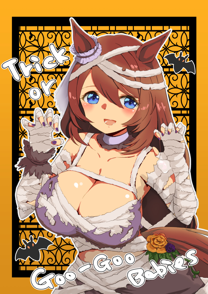 1girl animal_ears bandage_on_hair bandaged_arm bandaged_hand bandaged_head bandaged_torso bandages bandeau bat_(animal) blue_eyes blush breasts brown_hair claw_pose cleavage ear_scrunchie flower hair_between_eyes halloween halloween_costume highres horse_ears horse_girl horse_tail large_breasts long_hair looking_at_viewer mummy_costume official_alternate_costume open_mouth piett purple_bandeau purple_nails smile solo super_creek_(chiffon_ribbon_mummy)_(umamusume) super_creek_(umamusume) tail torn_bandages torn_bandeau umamusume very_long_hair