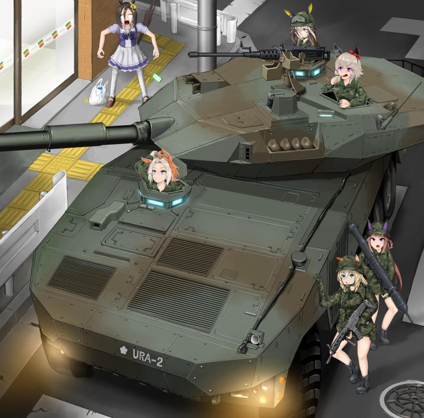 6+girls 96sikisuzume absurdres ahoge air_groove_(umamusume) animal_ears aqua_eyes armored_vehicle assault_rifle bag black_hair blank_eyes blonde_hair bow braid braided_hair_rings browning_m2 camouflage cellphone combat_helmet commentary curren_chan_(umamusume) dream_journey_(umamusume) dropping durandal_(umamusume) ear_bow ear_chain ear_covers glasses grey_hair gun hair_between_eyes hair_intakes hair_over_one_eye hair_rings hatch heavy_machine_gun helmet highres holding holding_gun holding_rocket_launcher holding_weapon horse_ears horse_girl howa_type_20 japan_self-defense_force linked_piercing long_hair long_sleeves machine_gun manhole_cover military military_fatigues military_uniform multicolored_hair multiple_girls orange_hair orfevre_(umamusume) outdoors panzerfaust_3 phone plastic_bag purple_eyes red_bow rifle road rocket_launcher short_hair sidelocks stiff_tail sweep_tosho_(umamusume) tail_raised two-tone_hair type_16_maneuver_combat_vehicle umamusume weapon yellow_bow