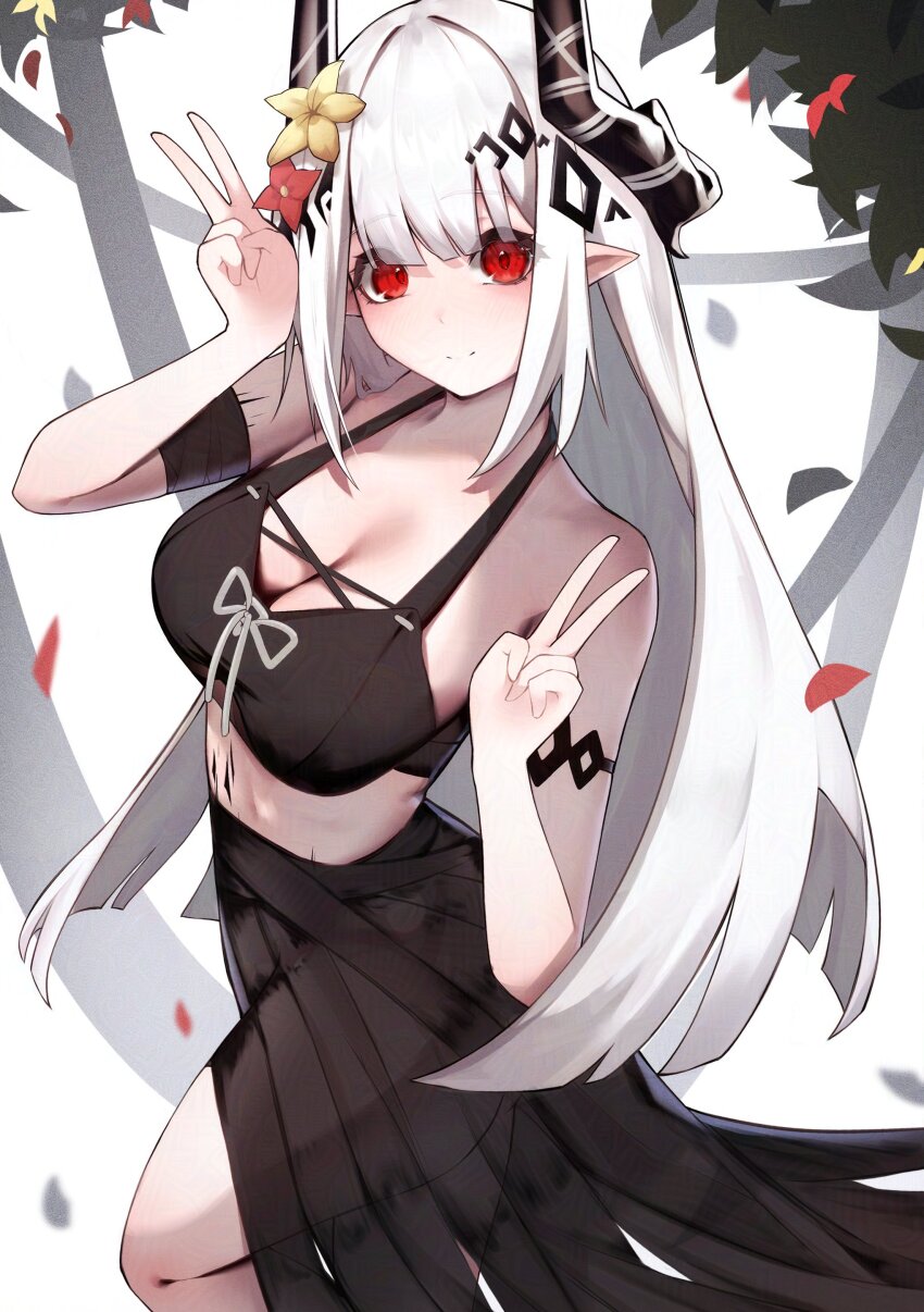 1girl absurdres arknights arm_up bandaged_arm bandages bikini black_bikini black_horns black_sarong blunt_ends breasts cleavage closed_mouth commentary cowboy_shot double_v english_commentary eyes_visible_through_hair flower hair_flower hair_intakes hair_ornament hand_up highres horns large_breasts light_blush long_hair looking_at_viewer material_growth mudrock_(arknights) mudrock_(silent_night)_(arknights) official_alternate_costume oripathy_lesion_(arknights) pointy_ears red_eyes red_flower sarong see-through_clothes see-through_sarong sidelocks smile solo split_mouth standing swimsuit v white_background white_hair worimehl yellow_flower