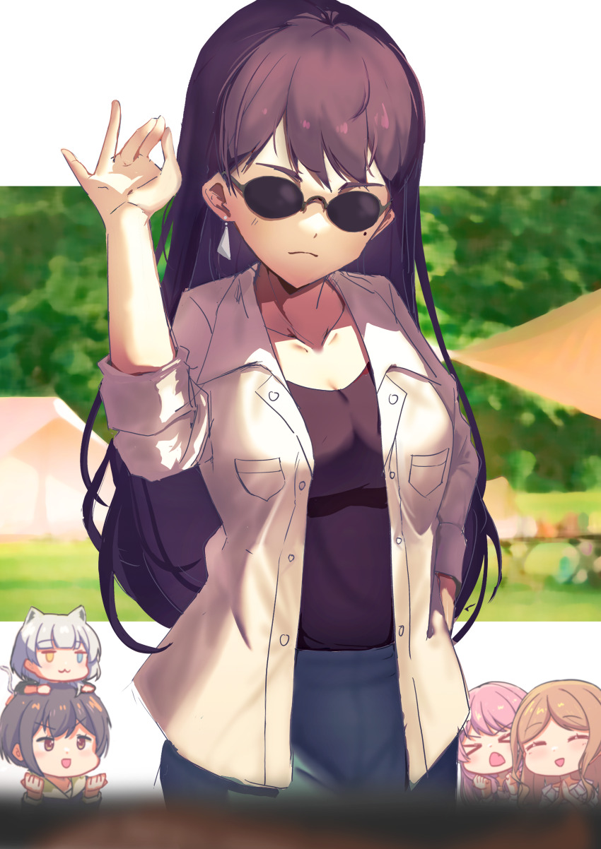 &gt;_&lt; 5girls ^_^ absurdres animal_ears bang_dream! bang_dream!_it&#039;s_mygo!!!!! black_shirt blue_eyes blurry breasts brown_eyes brown_hair cat_ears cat_girl cat_tail chibi chihaya_anon chinese_commentary closed_eyes closed_mouth collarbone commentary_request depth_of_field earrings fang grey_hair hands_up heterochromia highres hood hood_down jacket jewelry jitome kaname_raana kemonomimi_mode long_hair medium_breasts meme mole mole_under_eye multiple_girls mygo!!!!!_(bang_dream!) nagasaki_soyo on_head open_clothes open_jacket open_mouth own_hands_together parted_bangs pink_hair raana_the_cat salt_bae_(meme) shiina_taki shirt short_hair sidelocks single_earring sunglasses tail takamatsu_tomori white_hair white_jacket yellow_eyes zhong_xiansheng