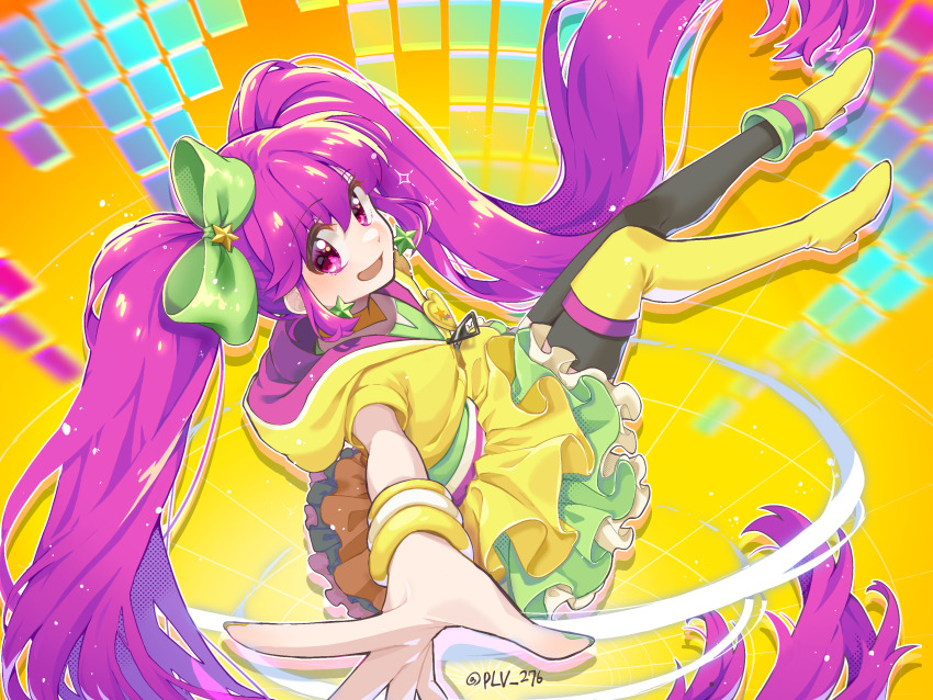 1girl absurdly_long_hair aino_megumi asymmetrical_footwear black_thighhighs boots bow cure_lovely cure_lovely_(lollipop_hip_hop) earrings floating_hair green_bow green_nails green_skirt hair_bow hair_ornament happinesscharge_precure! highres hood hood_down hooded_sweater jewelry layered_skirt long_hair looking_at_viewer looking_to_the_side miniskirt multicolored_skirt nail_polish open_mouth outstretched_arm plv_276 precure purple_hair red_eyes skirt solo star_(symbol) star_earrings star_hair_ornament sweater thigh_boots thighhighs twintails very_long_hair white_skirt wristband yellow_boots yellow_skirt yellow_sweater