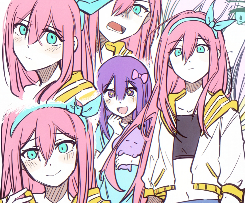 +_+ 2girls aubrey_(faraway)_(omori) aubrey_(headspace)_(omori) aubrey_(omori) bailan1130 blue_eyes blue_hairband blue_shirt blush bow closed_mouth collarbone crop_top dual_persona hair_bow hairband highres holding holding_stuffed_toy jacket long_hair long_shirt looking_at_viewer lower_teeth_only mr._plantegg_(omori) multiple_girls omori open_mouth pink_bow pink_hair purple_eyes purple_hair shirt short_sleeves stuffed_eggplant stuffed_toy t-shirt teeth white_jacket