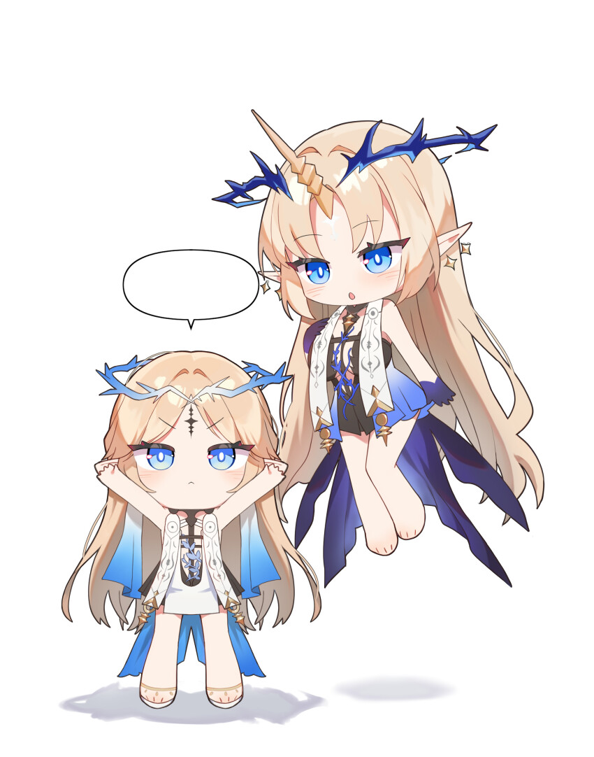 2girls :&lt; :o absurdres arms_up axokim bare_shoulders black_dress blank_speech_bubble blonde_hair blue_eyes breasts cartethyia_(wuthering_waves) chibi chibi_only closed_mouth commentary_request crown_of_thorns dress dual_persona earrings fleurdelys_(wuthering_waves) floating floating_earrings highres horns jewelry korean_commentary large_breasts long_hair long_horns looking_at_another multiple_girls pointy_ears simple_background single_horn speech_bubble tabard tacet_mark_(wuthering_waves) v-shaped_eyebrows white_background white_tabard wuthering_waves yellow_horns