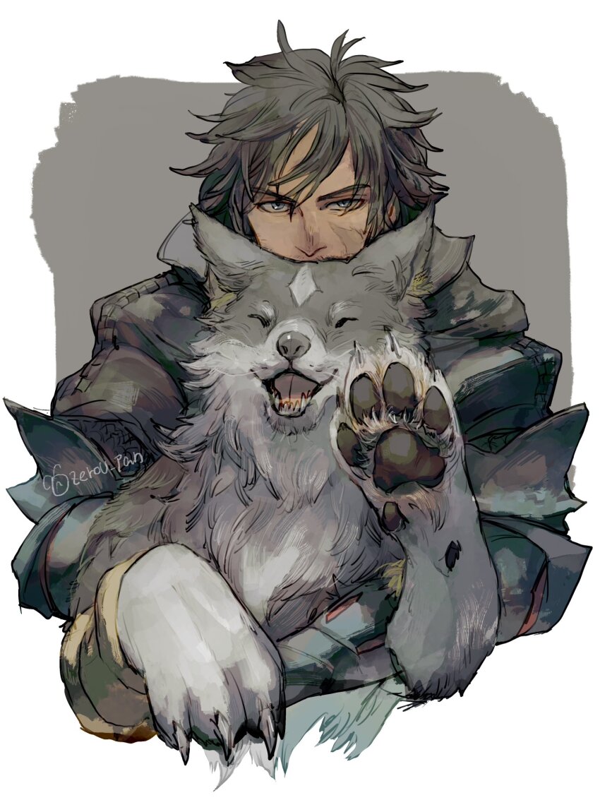 2boys armor black_hair claws clive_rosfield closed_eyes dog fangs final_fantasy final_fantasy_xvi grey_fur highres hug multiple_boys pawpads scar scar_on_face sharp_teeth single_bracer smile teeth torgal_(ff16) upper_body waving zerou_pan