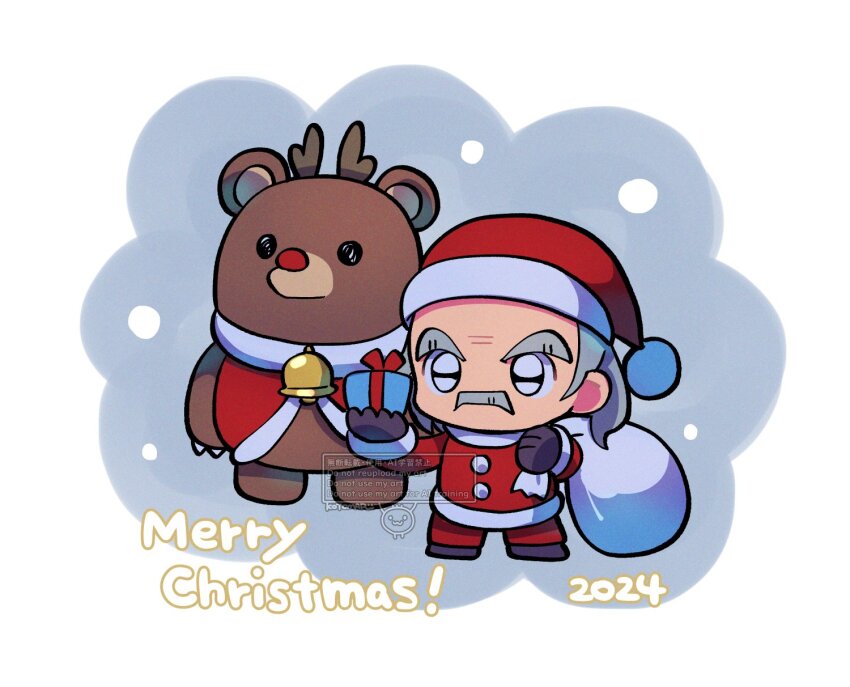 1boy 2024 animal_costume black_gloves chibi chibi_only claws facial_hair full_body gift gloves grey_facial_hair grey_gloves hat highres holding holding_gift holding_sack kotorai kuma_(tekken) male_focus merry_christmas mishima_heihachi mustache old old_man reindeer_costume sack santa_costume santa_hat tekken wrinkled_skin