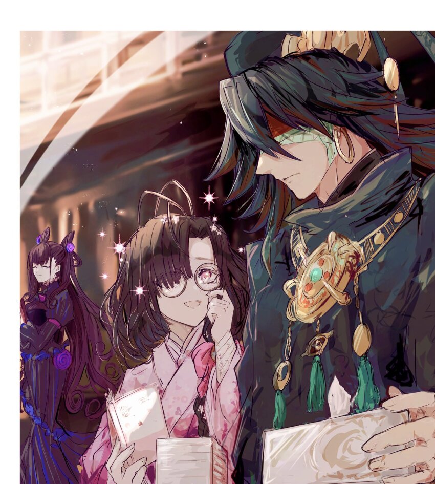 1boy 2girls ahoge black_dress black_hair blindfold braid brown_hair closed_eyes cone_hair_bun dress earrings fate/grand_order fate_(series) glasses hair_bun hair_over_one_eye happy_tears hat highres japanese_clothes jewelry kimono long_hair manga_(object) multiple_girls murasaki_shikibu_(fate) ono_no_komachi_(fate) ono_no_takamura_(fate) pink_eyes pink_kimono smile sodamachi tears tissue_box