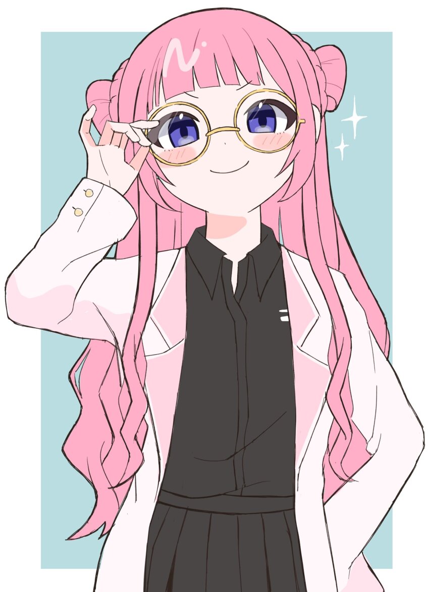 1girl adjusting_eyewear black_shirt black_skirt closed_mouth coat collared_shirt glasses hair_bun hand_on_eyewear highres long_hair long_sleeves looking_at_viewer nijisanji norimi_(01norimi28) open_clothes open_coat pink_hair pleated_skirt purple_eyes round_eyewear shirt side_up_bun skirt smile solo standing suo_sango suo_sango_(3rd_costume) upper_body