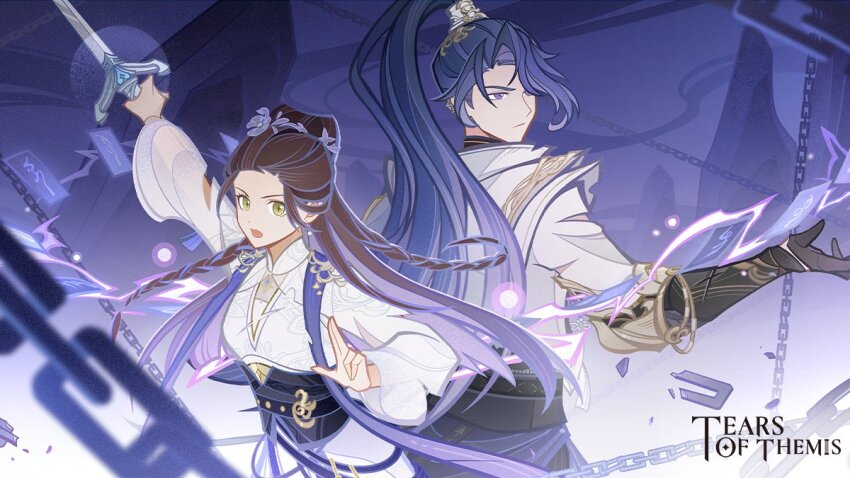 1boy 1girl arm_up black_gloves black_hair broken broken_chain brown_eyes brown_hair chain copyright_name gloves high_ponytail holding holding_sword holding_weapon long_sleeves marius_von_hagen_(tears_of_themis) obi official_art open_mouth ponytail purple_eyes robe rosa_(tears_of_themis) sash sword tears_of_themis weapon white_robe wide_sleeves