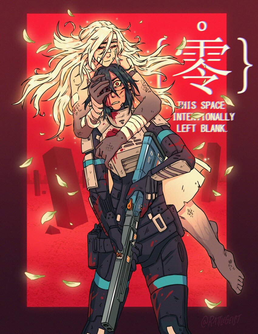 absurdres android ariane_yeong black_feet blood blood_on_clothes blood_on_face blood_on_hands covering_another&#039;s_eye double-barreled_rifle elster_(signalis) falling_petals ghost glowing highres hug hug_from_behind joints petals rattlegeist robot_girl robot_joints scar scar_on_face signalis too_many_bandaids