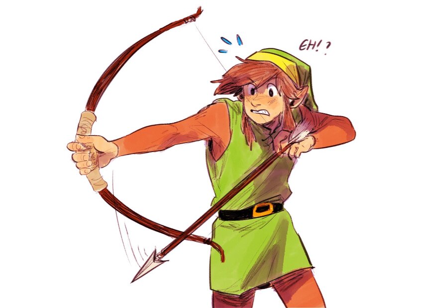 1boy arrow_(projectile) belt black_belt bow_(weapon) brown_hair brown_pants brown_shirt commentary cowboy_shot drawing_bow english_commentary fingernails flying_sweatdrops green_hat green_tunic grimace hat highres holding holding_bow_(weapon) holding_weapon link long_sleeves male_focus nintendo pants pointy_ears shirt short_hair solo the_legend_of_zelda tunic weapon white_background yasmeen zelda_ii:_the_adventure_of_link