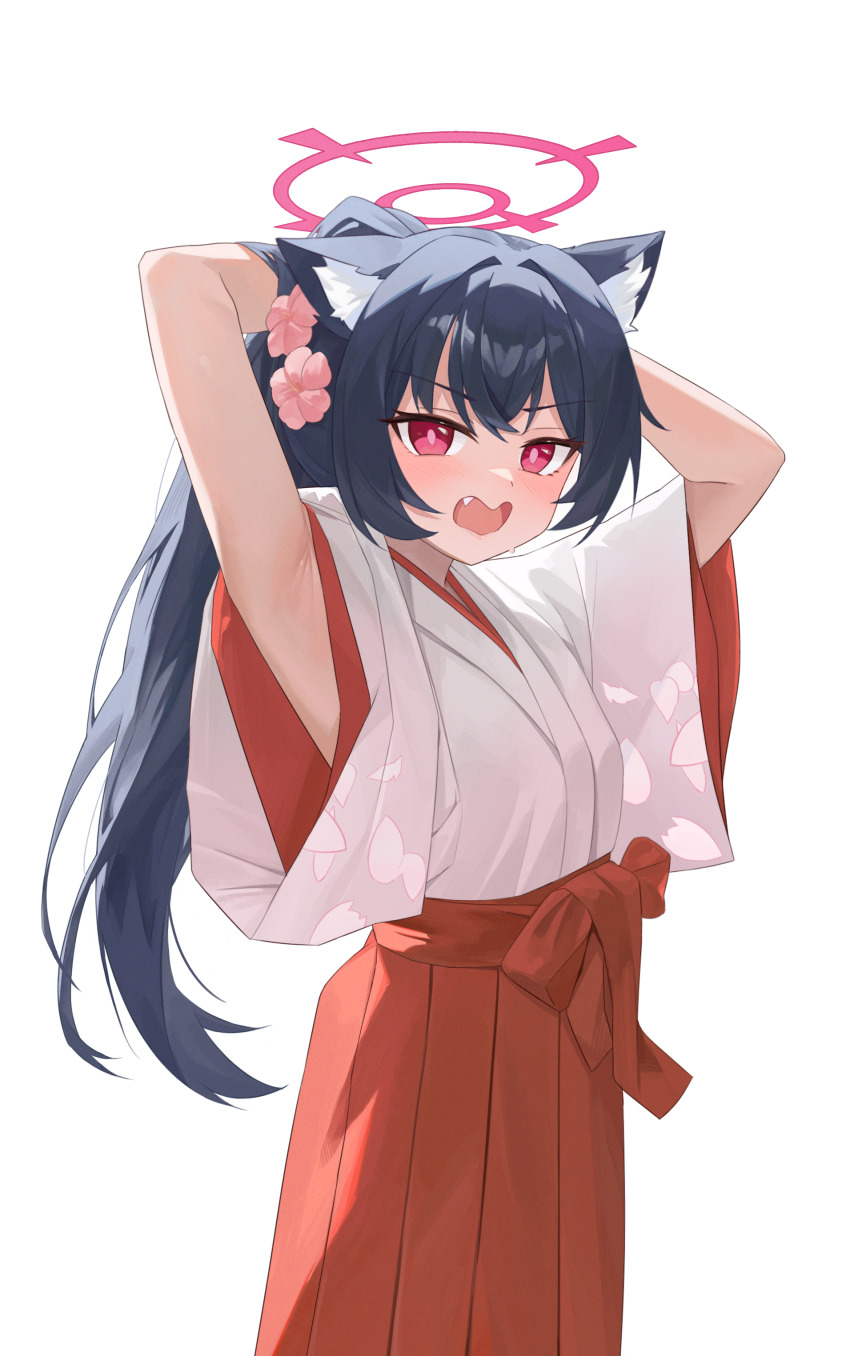 1girl absurdres animal_ear_fluff animal_ears armpits arms_behind_head black_hair blue_archive blush cat_ears cat_girl commentary cowboy_shot fang hakama hakama_skirt halo highres japanese_clothes kimono long_hair long_sleeves looking_at_viewer manjie miko official_alternate_costume official_alternate_hairstyle open_mouth pink_halo pink_pupils ponytail red_eyes red_hakama serika_(blue_archive) serika_(new_year)_(blue_archive) simple_background skirt solo tsurime v-shaped_eyebrows very_long_hair white_background white_kimono wide_sleeves