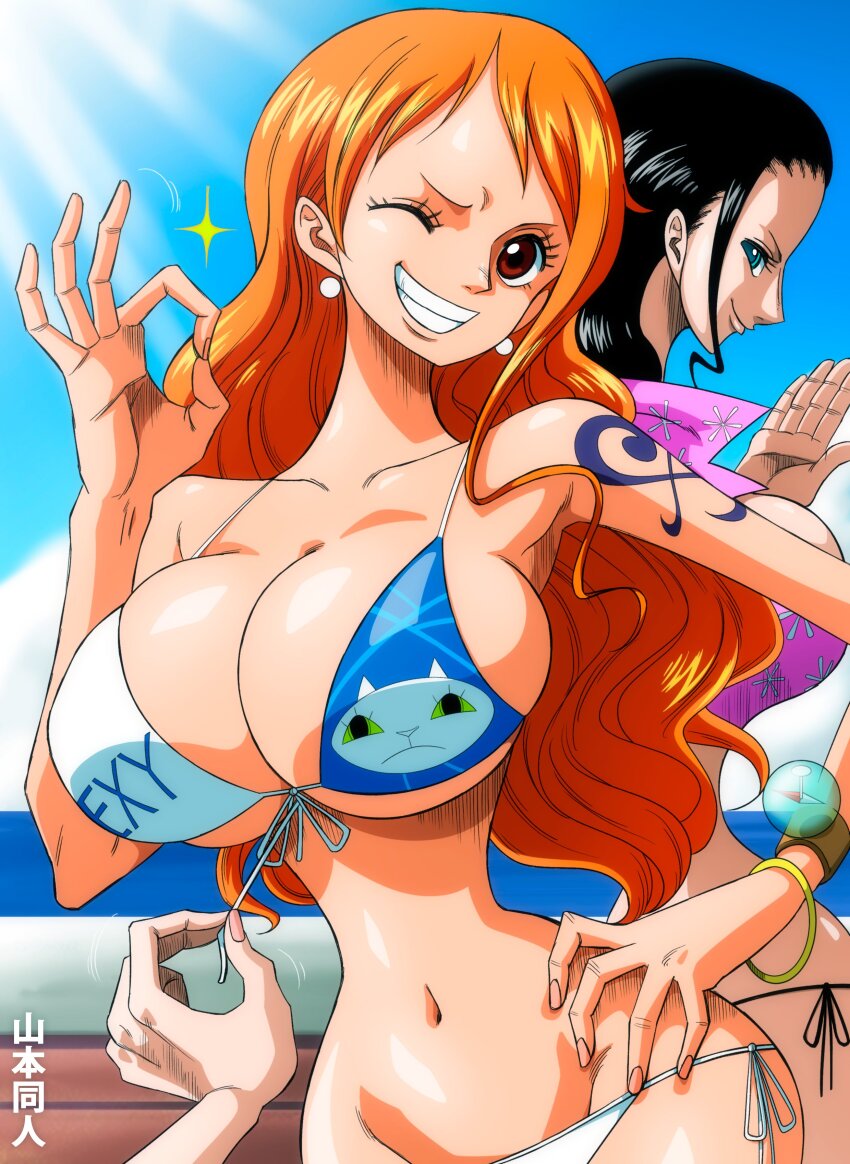 1boy 2girls absurdres alternate_costume bikini bikini_pull black_bikini black_hair blue_eyes blue_sky breasts clothes_pull day grin hand_on_own_hip hetero highres large_breasts long_hair looking_at_viewer looking_back multiple_girls nami_(one_piece) navel nico_robin official_alternate_costume ok_sign one_eye_closed one_piece one_piece_film:_gold orange_hair pink_shirt shiny_skin shirt shoulder_tattoo side-tie_bikini_bottom simple_background sky smile swimsuit tattoo thong thong_bikini undressing wink yamamoto_doujin