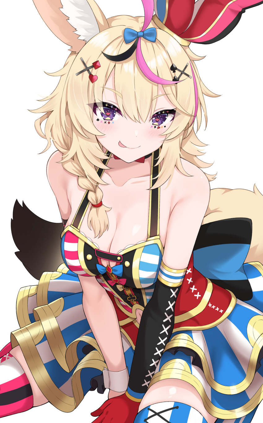 1girl :p absurdres animal_ears black_hair blonde_hair blue_bow bow braid breasts cleavage commentary crown enru gloves hair_bow hair_ornament highres hololive medium_breasts multicolored_hair omaru_polka omaru_polka_(1st_costume) pink_hair purple_eyes red_gloves simple_background single_braid single_glove sitting tail tongue tongue_out virtual_youtuber white_background