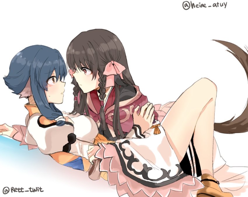 2girls ainu_clothes all_fours animal_ears aquaplus atuy bare_legs bent_over black_hair blue_hair boots braid breasts fingernails frilled_sleeves frills from_side full_body girl_on_top heine_atuy long_sleeves looking_at_another lying medium_breasts multiple_girls nervous on_back orange_eyes parted_lips puffy_sleeves raised_eyebrows red_eyes rulutieh short_hair_with_long_locks signature small_breasts sweat sweatdrop tail thighs utawarerumono utawarerumono:_itsuwari_no_kamen wide-eyed wide_sleeves yuri