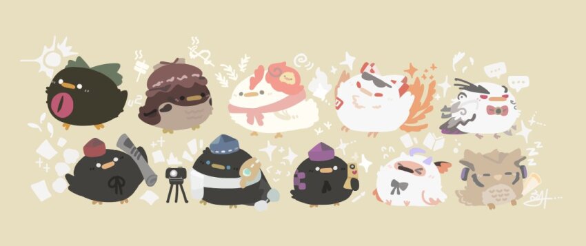 &gt;_&lt; ... animal animalization baby_animal bird blue_headwear bow brown_headwear cellphone chick chicken commentary crow earmuffs english_commentary flying_sweatdrops fujiwara_no_mokou fujiwara_no_mokou_(phoenix) green_bow hat himekaidou_hatate himekaidou_hatate_(crow) holding holding_newspaper holding_phone horns iizunamaru_megumu iizunamaru_megumu_(bird) iizunamaru_megumu_(crow) kishin_sagume kishin_sagume_(bird) mystia_lorelei mystia_lorelei_(bird) newspaper niwatari_kutaka niwatari_kutaka_(chicken) no_humans owl phone purple_headwear red_headwear reiuji_utsuho reiuji_utsuho_(bird) ritual_baton shameimaru_aya shameimaru_aya_(crow) shoulder_guard simple_background sparkle sparrow spoken_ellipsis thatpebble third_eye tokiko_(touhou) tokiko_(touhou)_(bird) tokin_hat touhou toyosatomimi_no_miko toyosatomimi_no_miko_(owl) tripod white_bow winged_hat yellow_background zzz