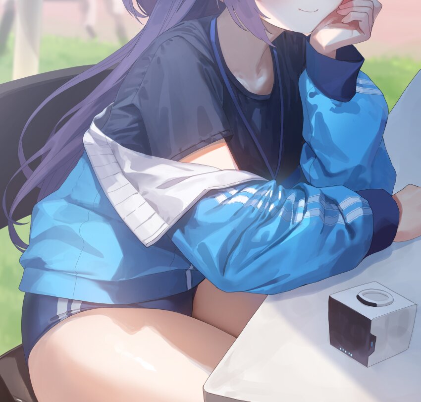 1girl absurdres black_shirt blue_archive blue_buruma blue_jacket buruma chair cheek_rest closed_mouth commentary from_side head_out_of_frame highres jacket long_hair long_sleeves mo_ne off_shoulder open_clothes open_jacket purple_hair shirt short_sleeves sitting smile solo symbol-only_commentary table yuuka_(blue_archive) yuuka_(track)_(blue_archive)