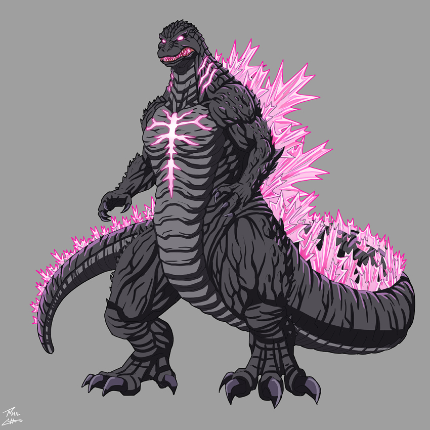 bioluminescence claws elbow_spikes fangs full_body giant giant_monster gills glowing glowing_eyes glowing_mouth glowing_spikes glowing_teeth godzilla godzilla_(monsterverse) godzilla_(series) godzilla_evolved godzilla_x_kong:_the_new_empire highres jaw kaiju king_kong_(series) long_tail monster monsterverse no_humans phil-cho scales sharp_teeth spines tail teeth yellow_eyes