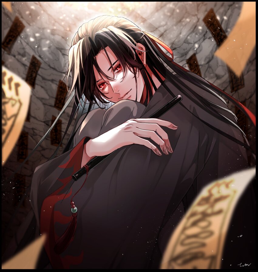 1boy absurdres artist_name black_border black_hair black_hanfu black_robe blurry blurry_foreground border cave chinese_clothes depth_of_field flute hair_down hair_ribbon half_updo hanfu highres holding holding_flute holding_instrument instrument knees_up light_particles long_hair long_sleeves looking_at_viewer male_focus modao_zushi official_alternate_hairstyle ofuda outside_border red_eyes red_ribbon ribbon robe sitting solo talisman tassel tem0822_bl upper_body wei_wuxian wei_wuxian_(yiling_laozu) wide_sleeves