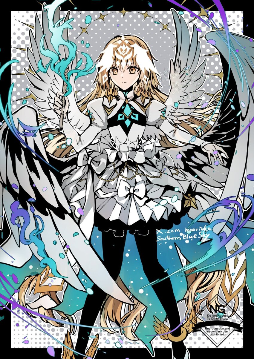 1girl angel_wings anklet black_pantyhose blonde_hair blue_fire bridal_gauntlets closed_mouth collared_shrug commentary dress expressionless fate/grand_order fate_(series) feathered_wings fire floating_hair hand_up headpiece high_heels highres holding holding_pen jeanne_d&#039;arc_(fate) jewelry juliet_sleeves long_hair long_sleeves metatron_jeanne_(fate) metatron_jeanne_(third_ascension)_(fate) multiple_wings pantyhose pen puffy_sleeves rioka_(southern_blue_sky) shoes short_dress shrug_(clothing) solo stiletto_heels turtleneck twitter_username very_long_hair white_dress white_shoes white_shrug white_wings wings yellow_eyes