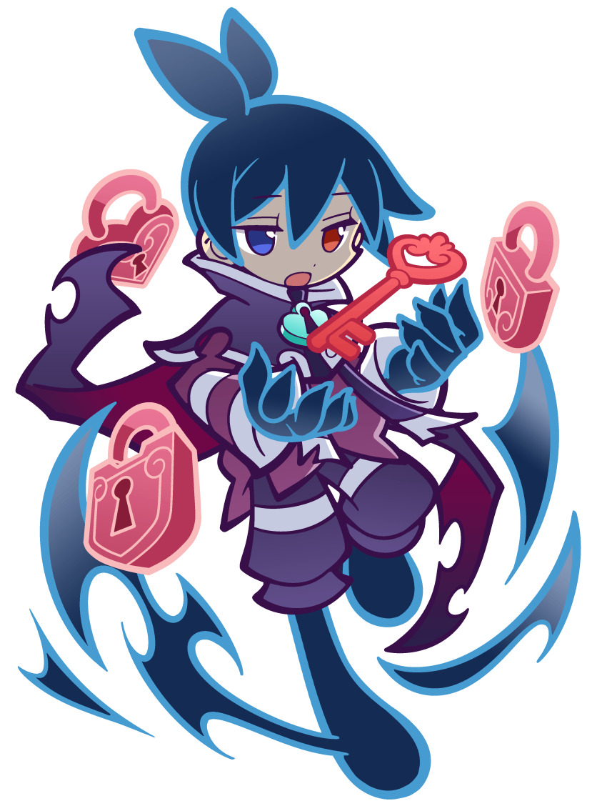 1boy absurdres antenna_hair black_hair black_sig blue_eyes brooch capelet colored_lineart deformed dot_nose double-parted_bangs floating floating_clothes floating_object full_body hair_between_eyes hands_up heart heart-shaped_lock heart_brooch heterochromia high_collar highres jaggy_lines jewelry jitome key knee_up lock long_sleeves looking_ahead magic male_focus object_floating_above_hand official_alternate_costume official_alternate_hair_color official_art open_hands open_mouth purple_capelet purple_scarf purple_shirt purple_shorts puyopuyo puyopuyo_quest red_eyes scarf shirt short_hair shorts sig_(puyopuyo) solo standing standing_on_one_leg third-party_source three_quarter_view transparent_background umbrakinesis white_trim