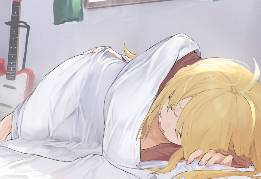 1girl blonde_hair breasts cleavage futon guitar highres instrument pocche-ex tagme tsurumaki_maki voiceroid