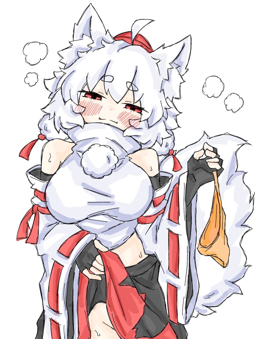 1girl animal_ears bare_shoulders black_skirt blush breasts clothes_lift detached_sleeves elbow_gloves fang fingerless_gloves fumomono gloves hat highres holding holding_panties holding_underwear holding_unworn_clothes inubashiri_momiji large_breasts looking_at_viewer medium_hair no_panties panties red_eyes shirt skirt skirt_lift solo tail teasing tokin_hat touhou underwear unworn_panties white_background white_hair white_shirt wolf_ears wolf_girl wolf_tail yellow_panties