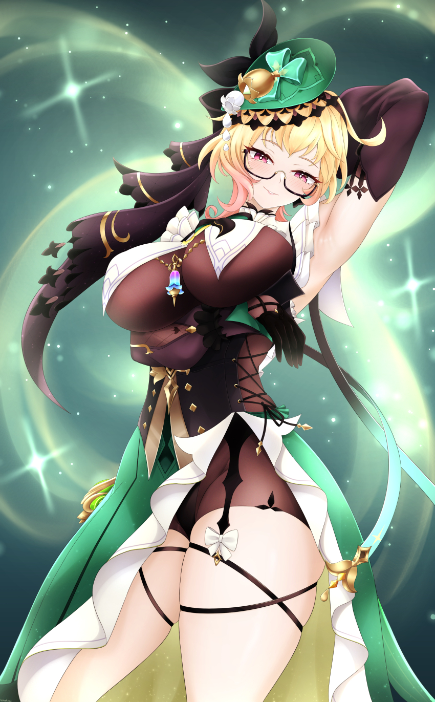 1girl absurdres arm_under_breasts arm_up armpits black-framed_eyewear black_gloves blonde_hair blush breast_curtains breasts commentary emilie_(genshin_impact) fascinator genshin_impact glasses gloves gradient_hair green_background green_hat hat highres large_breasts long_hair looking_at_viewer mee_don multicolored_hair parted_lips pink_hair red_eyes semi-rimless_eyewear smile solo thighs