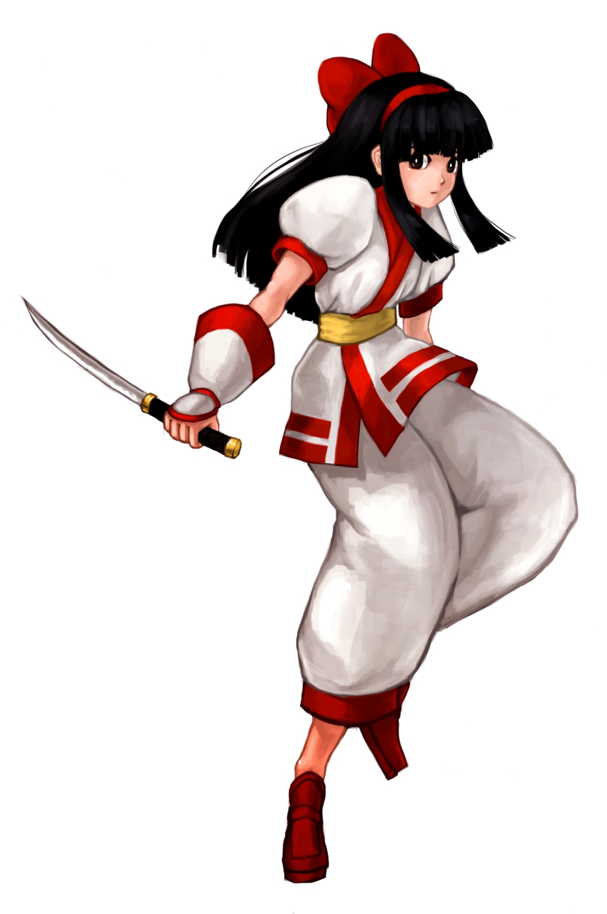 1girl absurdres ainu_clothes black_hair bow brown_eyes female_focus fingerless_gloves food_fighter_441 gloves hair_bow hairband highres long_hair nakoruru red_bow reverse_grip samurai_spirits short_sword sidelocks snk solo sword traditional_clothes weapon