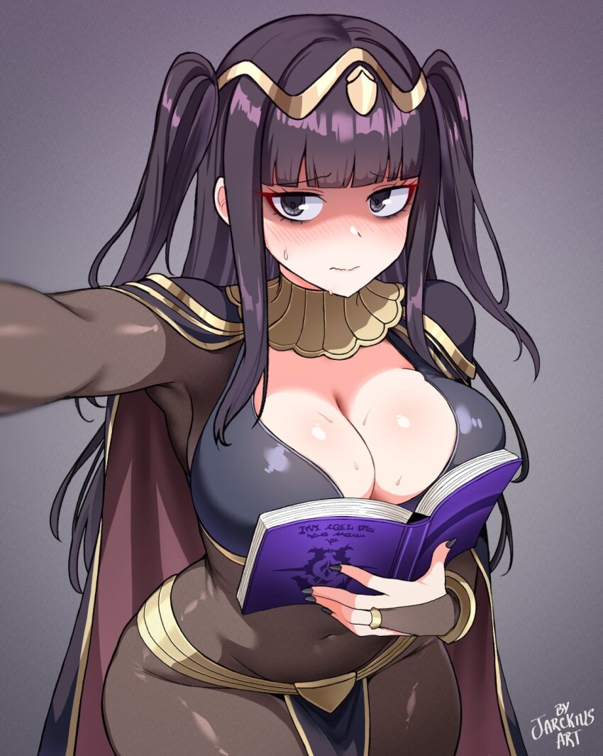 1girl armpits black_hair blush bodystocking boobs_in_book_(meme) breasts bridal_gauntlets cape cleavage covered_navel curvy female_focus fire_emblem fire_emblem_awakening highres jarckius large_breasts long_hair looking_at_viewer nail_polish navel nintendo see-through_clothes simple_background solo sweat tharja_(fire_emblem) twintails wide_hips
