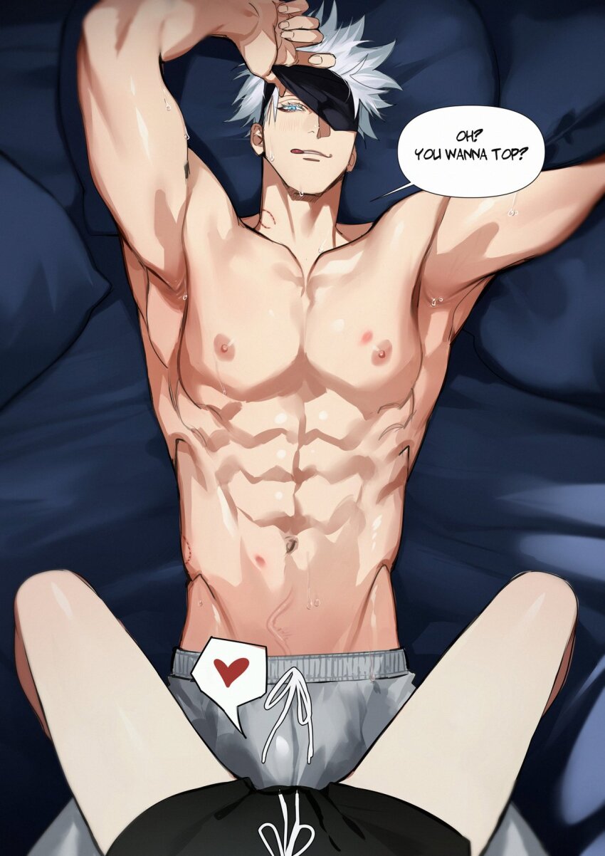 1boy 1girl armpits blindfold blindfold_lift eriimyon gojou_satoru heart highres male_focus straddling topless_male