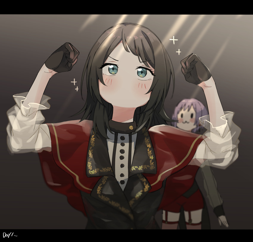 2girls :3 absurdres amoris_(bang_dream!) bang_dream! bang_dream!_it&#039;s_mygo!!!!! black_gloves black_hair black_vest blue_eyes blush capelet commentary garter_straps gloves gradient_hair hanetsuka highres letterboxed long_sleeves medium_hair multicolored_hair multiple_girls no_mouth purple_hair red_capelet red_shorts red_thighhighs short_hair shorts sparkle symbol-only_commentary thighhighs timoris_(bang_dream!) vest yahata_umiri yuutenji_nyamu