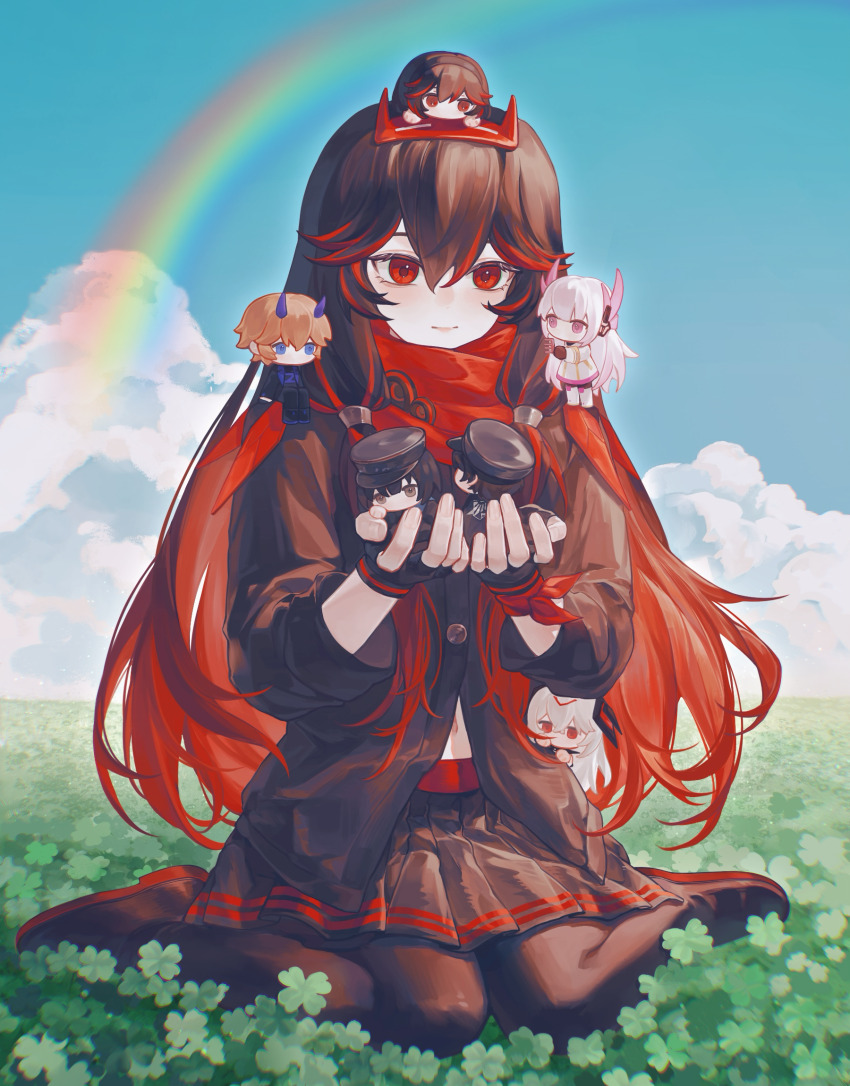 2boys 4girls black_gloves black_pantyhose black_shirt black_shoes black_skirt blue_sky brown_hair chaos_(pgr) chibi chibi_inset chibi_on_head chibi_on_shoulder chinese_commentary cloud clover colored_tips commandant_(pgr) commentary_request commission fake_horns fingerless_gloves four-leaf_clover full_body gloves gradient_hair grasslands hair_between_eyes highres holding_chibi horns lee:_palefire_(pgr) lee_(pgr) light_smile liv:_eclipse_(pgr) liv_(pgr) long_hair low-tied_sidelocks lucia:_lotus_(pgr) lucia_(pgr) miniskirt multicolored_hair multiple_boys multiple_girls navel_peek on_grass on_head outdoors pantyhose partial_commentary pleated_skirt punishing:_gray_raven rainbow red_eyes red_hair red_scarf scarf shirt shoes sidelocks sitting skirt sky small_horns solo_focus streaked_hair wariza zhou_huan_(dgpe2833)