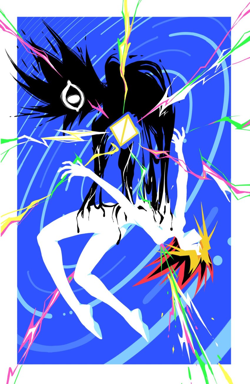 2boys black_hair blonde_hair blue_background border c_y_b_e_r_000 closed_eyes colored_bangs dual_persona eye_of_horus facial_mark facial_tattoo floating glowing glowing_eye highres jewelry male_focus millennium_puzzle multicolored_hair multiple_boys muto_yugi red_hair shadow silhouette spiked_hair tattoo white_border yami_yugi yin_yang yu-gi-oh! yu-gi-oh!_duel_monsters