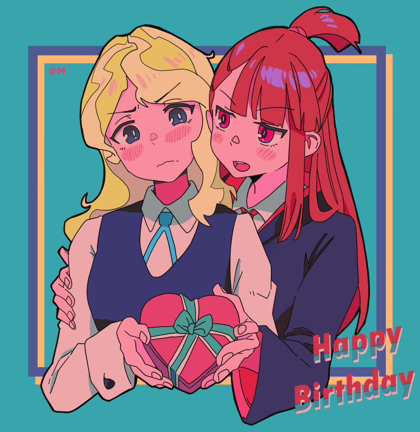 2girls absurdres asymmetrical_bangs blonde_hair blue_background blue_eyes blue_ribbon blunt_bangs blush box breasts brown_hair closed_mouth collared_shirt diana_cavendish hand_on_another&#039;s_arm happy_birthday heart-shaped_box highres kagari_atsuko little_witch_academia long_hair long_sleeves looking_at_another luna_nova_school_uniform mmmmpymm multiple_girls neck_ribbon open_mouth red_eyes red_ribbon ribbon school_uniform shirt single_sidelock upper_body wavy_hair white_shirt yuri