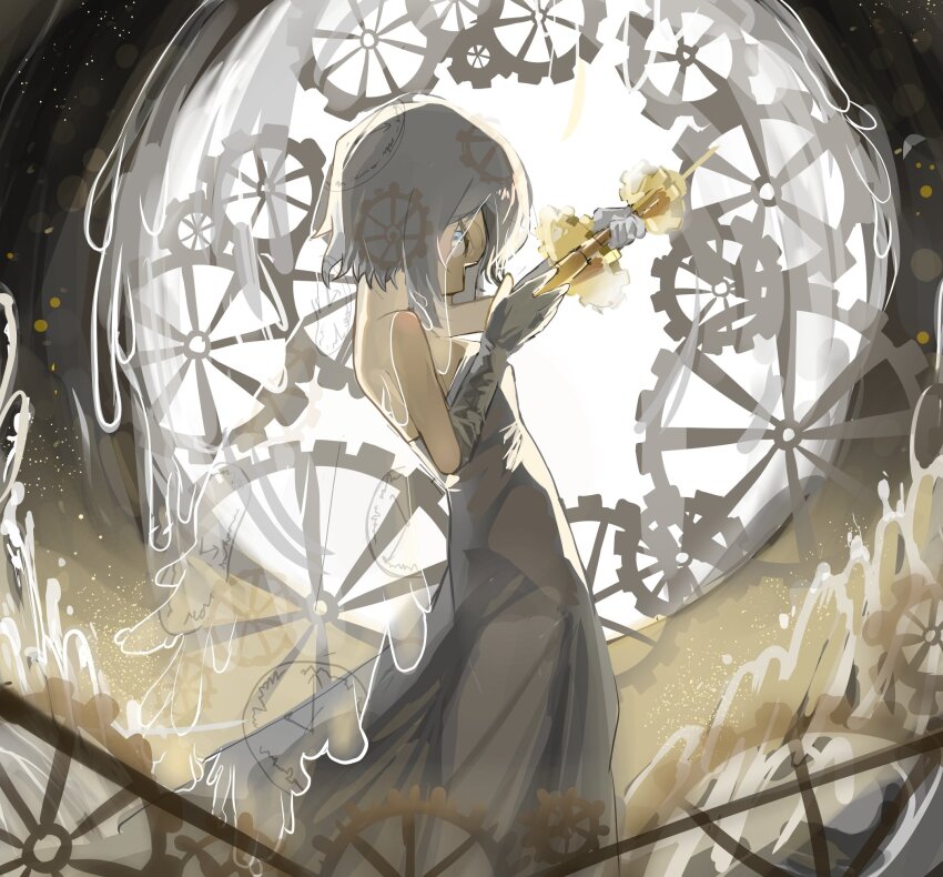 1girl arched_back blue_eyes breasts bridal_gauntlets dress everlasting_(e.g.o) faust_(project_moon) feet_out_of_frame from_side gears highres holding holding_sword holding_weapon impaled limbus_company looking_at_viewer looking_back official_alternate_costume orara_10 project_moon self-harm short_hair solo sword veil weapon white_dress white_hair