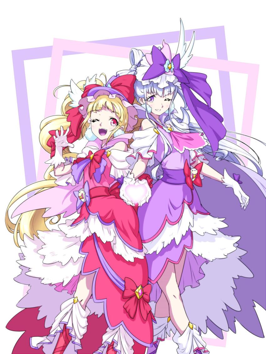 2girls ;d adapted_costume aisaki_emiru alternate_costume bare_shoulders blonde_hair boots commentary_request cure_amour cure_macherie dress earrings eyelashes gloves grey_hair hair_ornament happy hat heart highres hugtto!_precure jewelry long_hair looking_at_viewer magical_girl mahou_girls_precure! matatabi_(karukan222) multiple_girls one_eye_closed open_mouth pink_dress pink_eyes precure purple_dress purple_eyes ruru_amour smile standing twintails white_gloves witch witch_hat