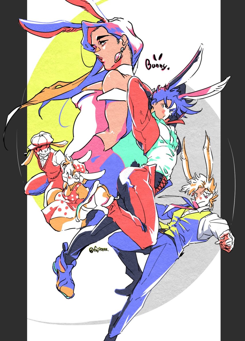 2girls 3boys alternate_costume animal_ears apron arms_behind_head arms_up artist_name battle_tendency blonde_hair blush_stickers bow bowtie newsboy_cap caesar_anthonio_zeppeli collared_shirt commentary_request cropped_jacket cross-laced_clothes dress earrings closed_eyes facial_mark floating_hair floppy_ears flower fujisee gloves green_vest grin hair_flower hair_ornament hat headscarf highres jacket jewelry jojo_no_kimyou_na_bouken joseph_joestar leg_up lipstick lisa_lisa long_hair makeup multiple_boys multiple_girls necktie off-shoulder_dress off_shoulder orange_dress pants pink_gloves pink_neckwear polka_dot purple_hair rabbit_ears rabbit_tail red_jacket red_neckwear red_pants red_vest shirt short_hair sideways_hat smile smokey_brown suzi_q sweater_vest tail twitter_username vest