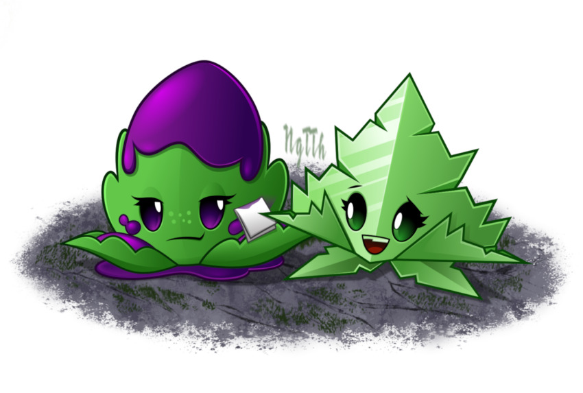 :d ali-mint artist_name closed_mouth commentary english_commentary eye_contact green_eyes holding_tissue looking_at_another ngtth no_eyebrows no_humans official_style open_mouth plant plant_focus plants_vs._zombies plants_vs._zombies_2 poison purple_eyes raised_eyebrow shadow simple_background smile smirk solid_oval_eyes spear-mint teeth tongue upper_teeth_only white_background wiping_face