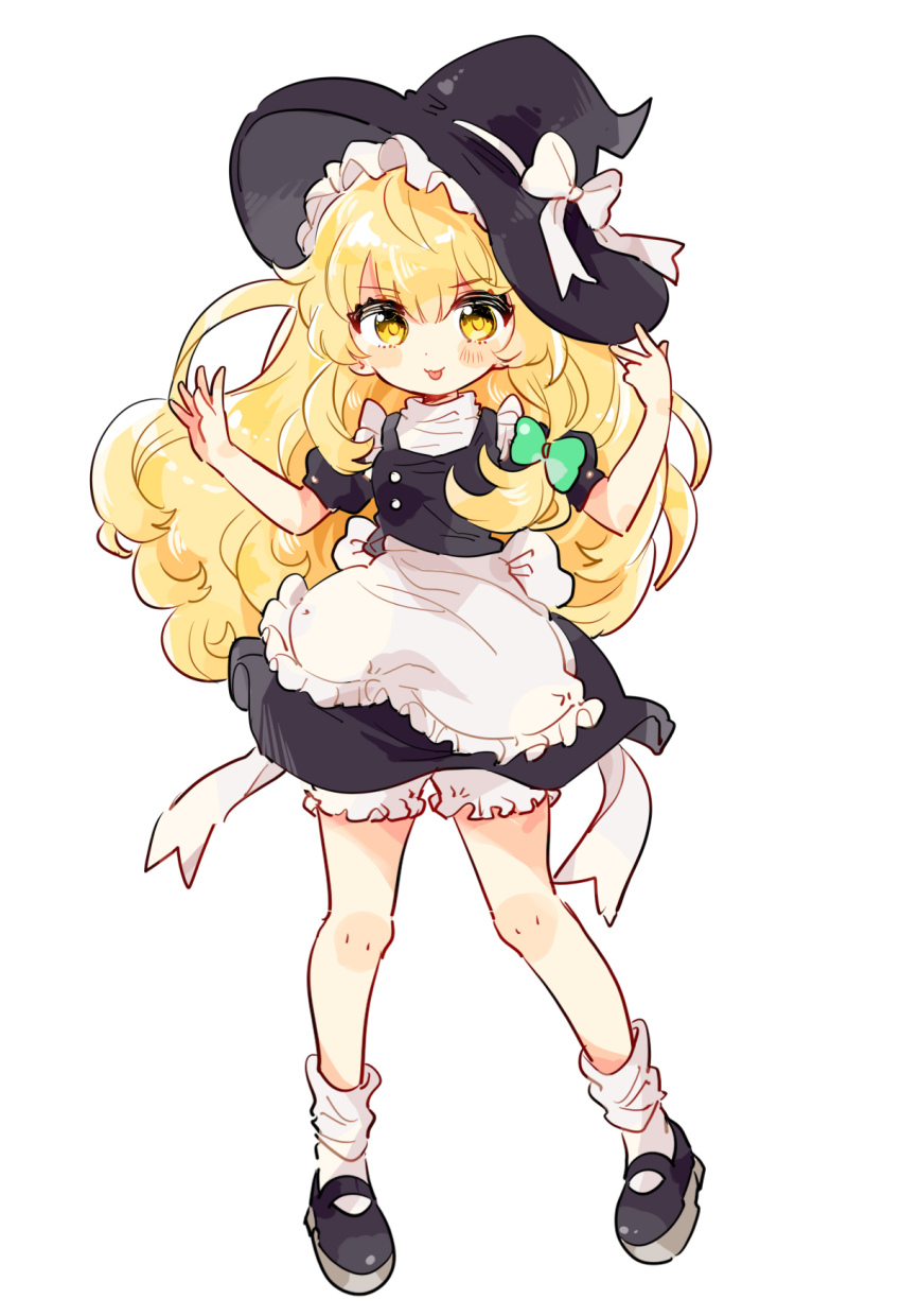 1girl :3 ankle_socks apron back_bow black_dress black_hat black_shoes blonde_hair bloomers bow buttons buyao_guan closed_mouth double-breasted dress frilled_apron frilled_bloomers frilled_hat frills full_body green_bow hair_bow hands_up hat hat_bow highres inward_w kirisame_marisa legs_apart long_hair looking_at_viewer maid maid_apron mary_janes puffy_short_sleeves puffy_sleeves shirt shoes short_sleeves simple_background sleeveless sleeveless_dress socks solo standing tongue tongue_out touhou underwear v-shaped_eyebrows very_long_hair w waist_apron white_apron white_background white_bloomers white_bow white_shirt white_socks witch_hat yellow_eyes