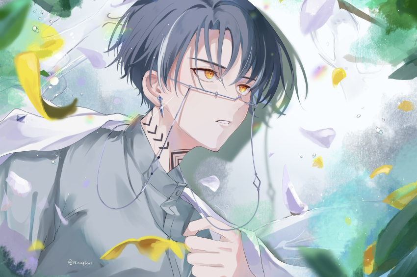 1boy black_hair earrings facing_to_the_side falling_petals glasses grey_hair grey_shirt highres itsuki_(paradox_live) jewelry looking_ahead male_focus miya_(38magical) neck_tattoo pants paradox_live petals purple_petals shirt short_hair solo tattoo teeth turtleneck white_pants yellow_pepper
