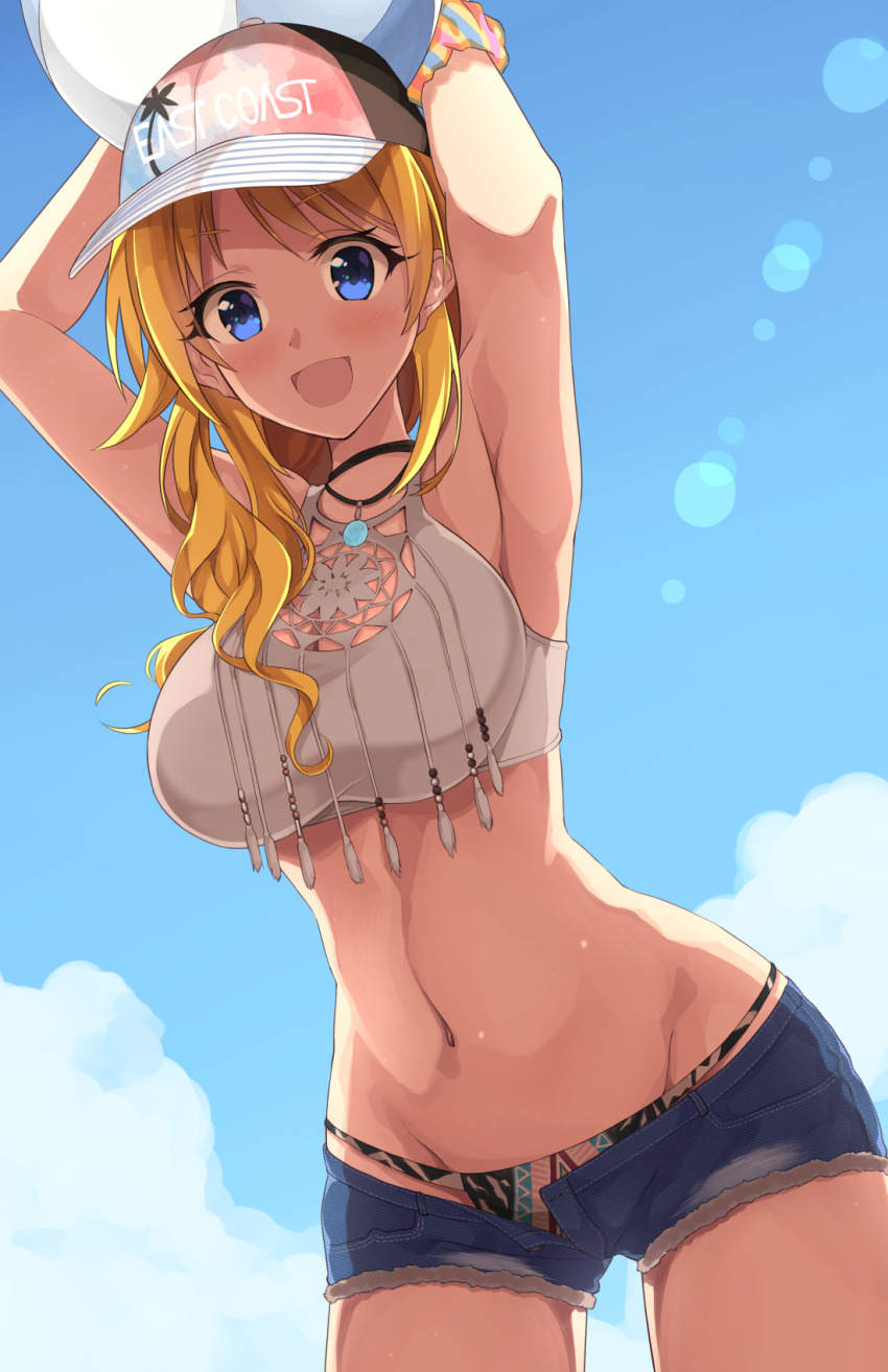 1girl armpits ball bikini blonde_hair blue_eyes bracelet breasts cleavage cleavage_cutout clothing_cutout cowboy_shot hachimiya_meguru hat highres idolmaster idolmaster_shiny_colors jewelry large_breasts long_hair lowleg lowleg_bikini mismatched_bikini navel necklace open_mouth panties pantyshot shirousagi_una short_shorts shorts solo swimsuit underwear wavy_hair