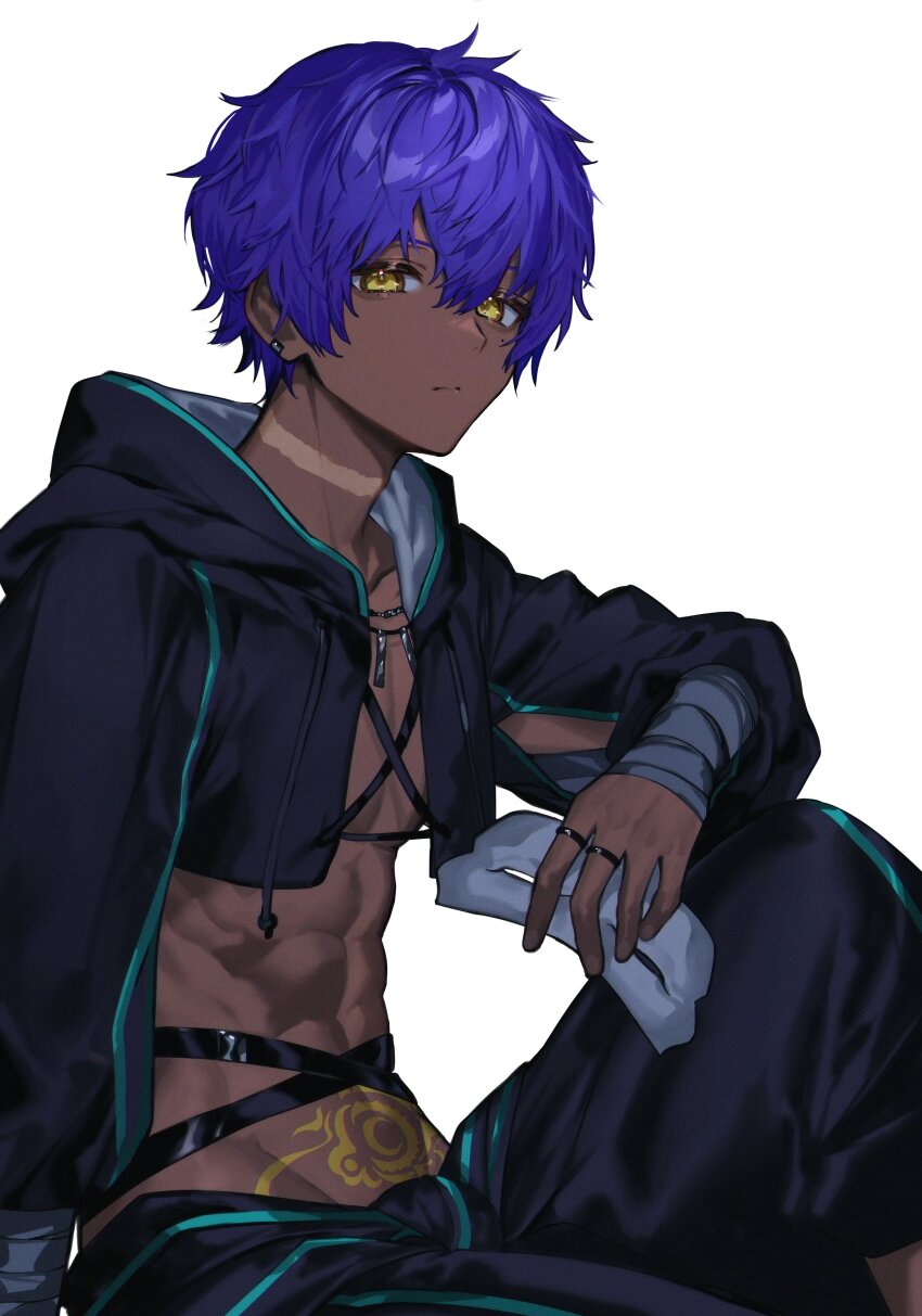 1boy abs absurdres albino_(a1b1n0623) bandaged_arm bandages blue_hair dark-skinned_male dark_skin earrings fate/grand_order fate_(series) hair_between_eyes half_mask hassan_of_the_shining_star_(fate) highres holding hood hooded_shrug jewelry long_sleeves looking_at_viewer male_focus mask mole mole_under_eye necklace purple_hair short_hair shrug_(clothing) skull_mask solo stomach_tattoo tattoo toned toned_male yellow_eyes