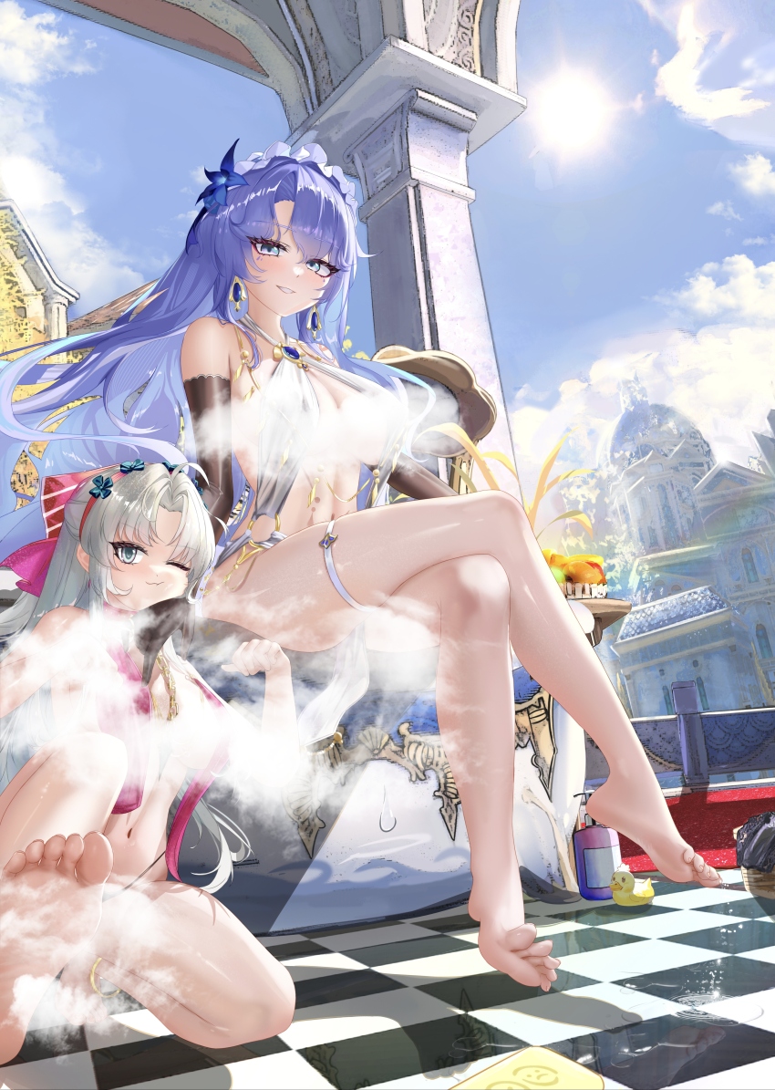 2girls absurdres ahoge alternate_costume aqua_eyes bare_shoulders barefoot black_gloves blue_eyes blue_flower blue_sky bow breasts cantarella_(wuthering_waves) carlotta_(wuthering_waves) checkered_floor commentary crossed_legs day duan_zhu_ya earrings elbow_gloves feet flower gloves hair_bow hair_flower hair_ornament hairband hands_up headdress highres jewelry large_breasts long_hair looking_at_viewer multiple_girls navel one_eye_closed parted_bangs parted_lips pink_bow pink_hairband purple_hair revealing_clothes rubber_duck sitting sky smile soap_bottle soles steam stomach striped_bow sun tacet_discord_(wuthering_waves) thighlet thighs toes tubpup_(wuthering_waves) very_long_hair wuthering_waves