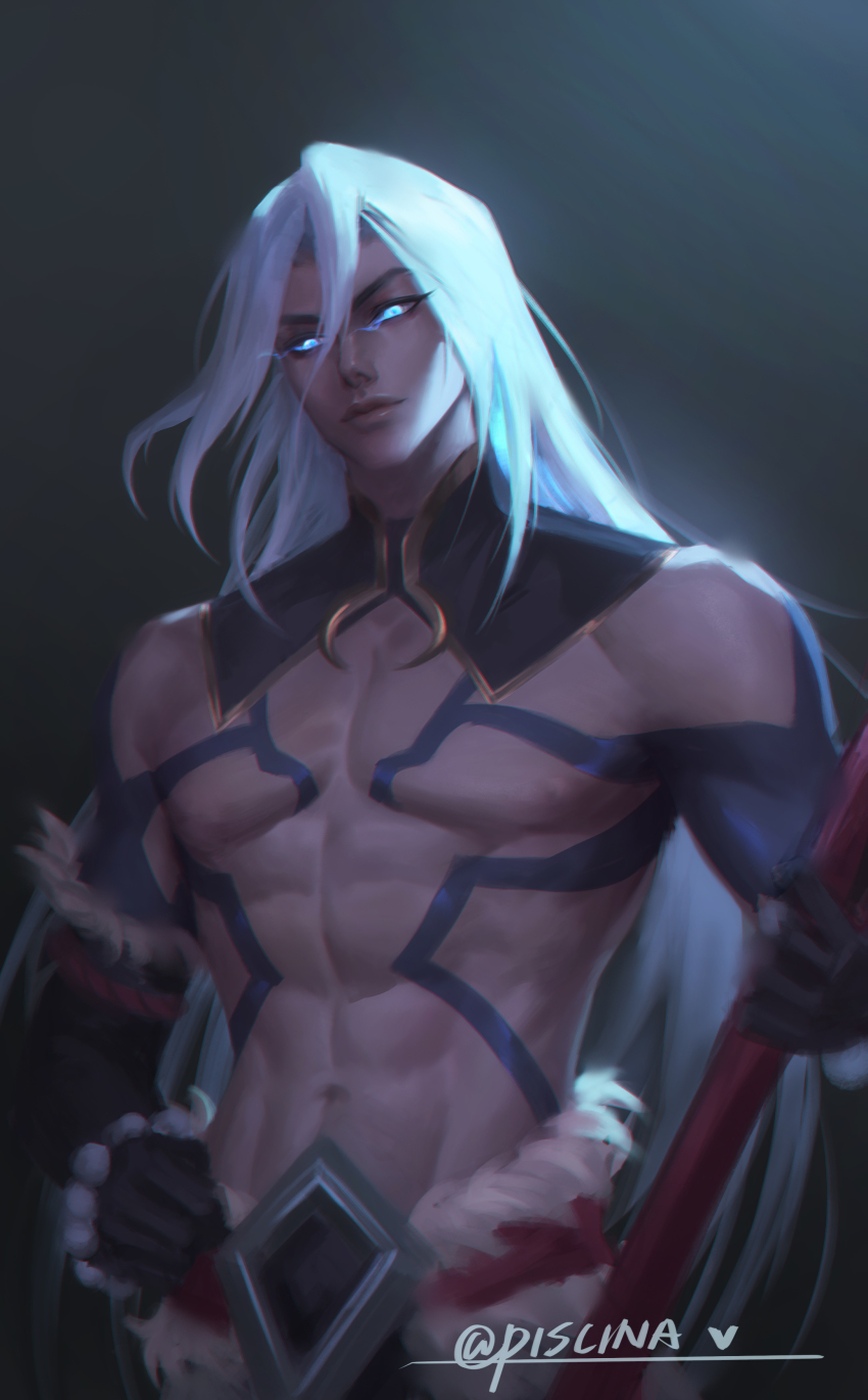 1boy abs absurdres artist_name collarbone elbow_gloves fur_trim gloves glowing glowing_eyes gradient_background grey_hair hair_between_eyes heart highres holding kayn_(league_of_legends) league_of_legends long_hair navel official_alternate_costume piscina smile solo